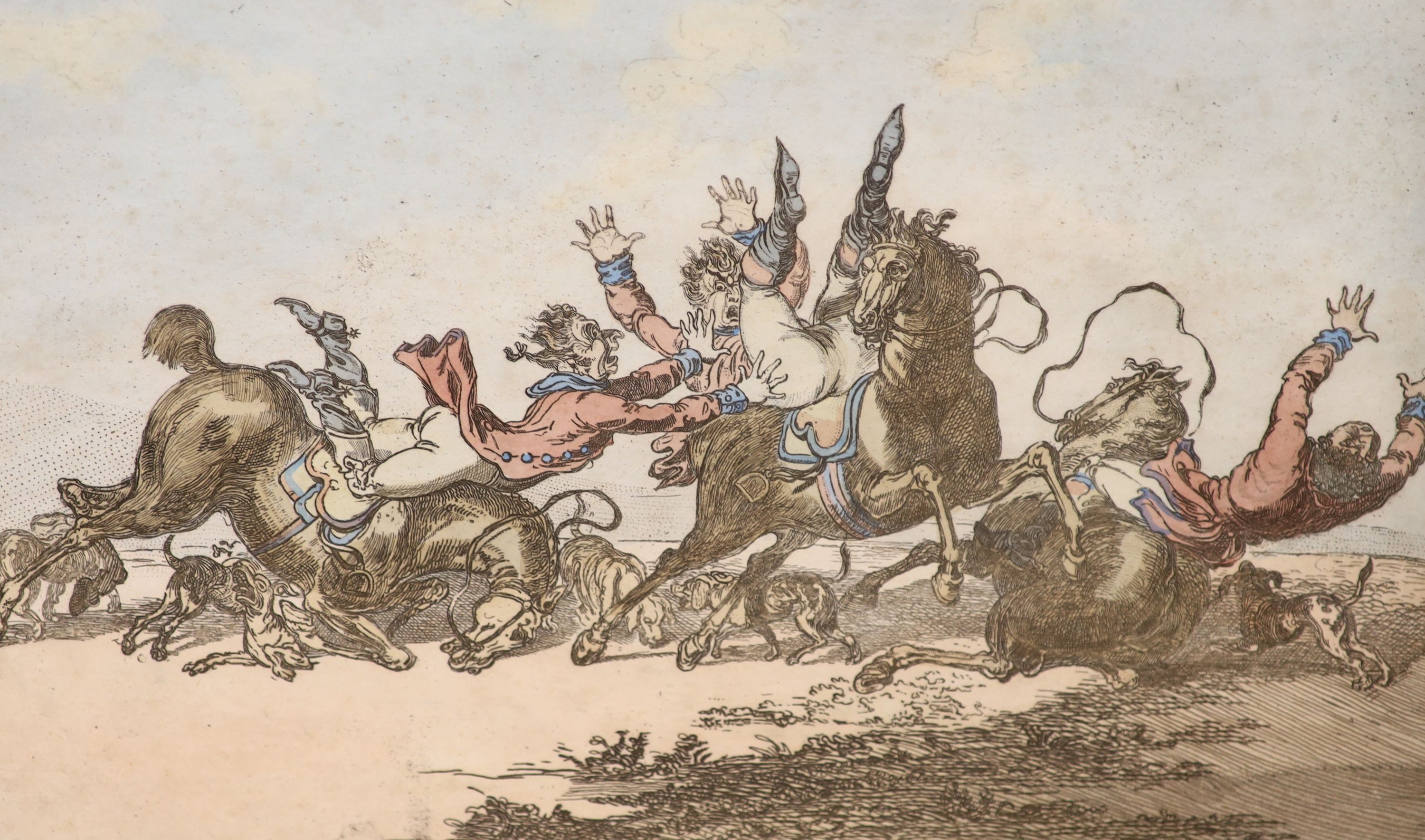 James Gilray, two coloured etchings, 'Hounds Finding' and 'Hounds Throwing Off', overall 26 x 38cm